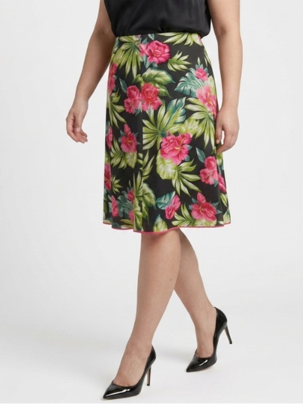 NINE & COMPANY 90s Tropical Resort Midi Hibiscus Palm Floral A-Line Skirt 16